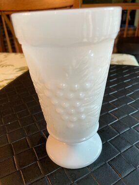 Vintage White Milk Glass Vase with Grape Design 5 3/4" High